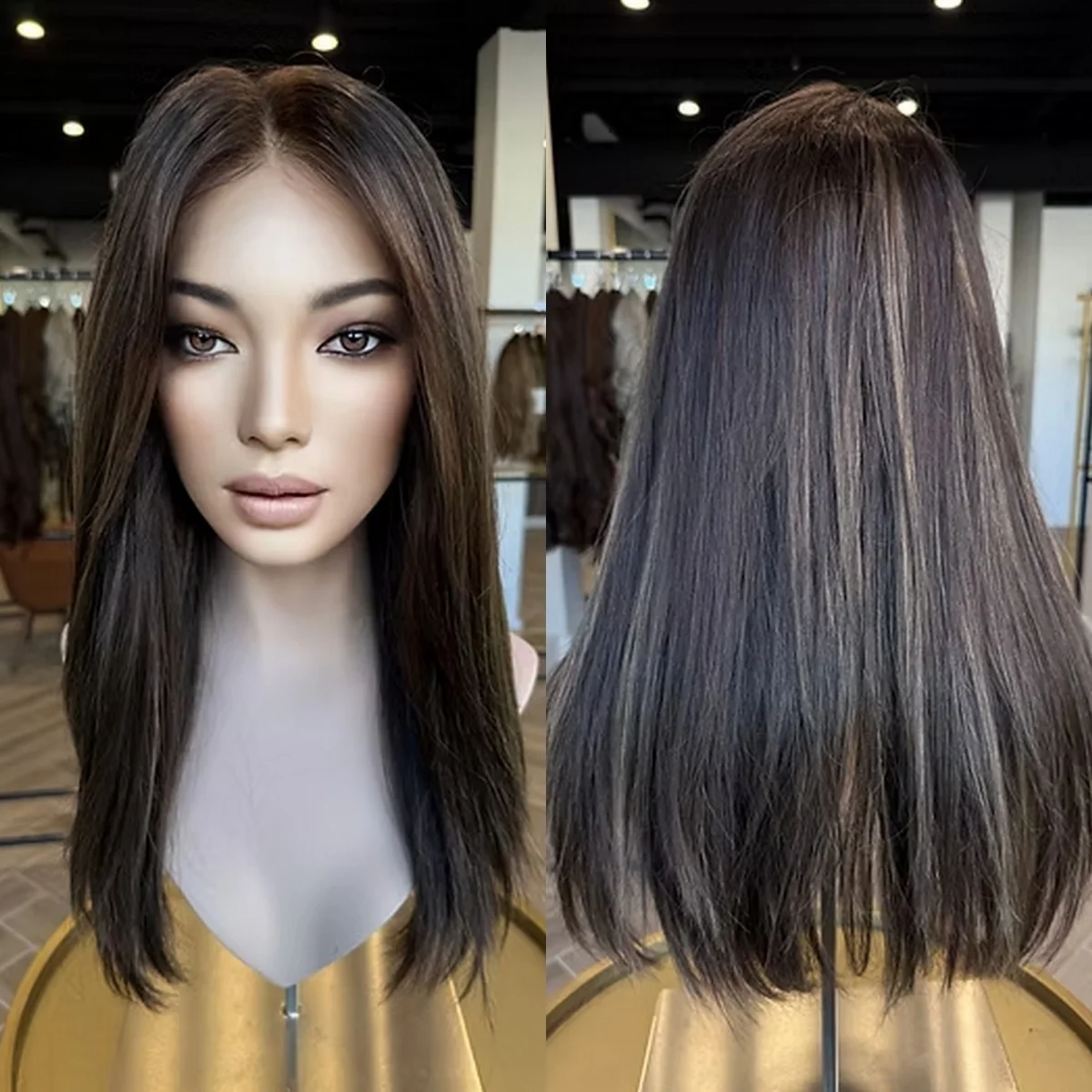 22 Inches Dark Wigs Brunette Blonde Highlights Synthetic Lace Top Wigs Beginner Friendly Natural Straight 180% High Density Wigs