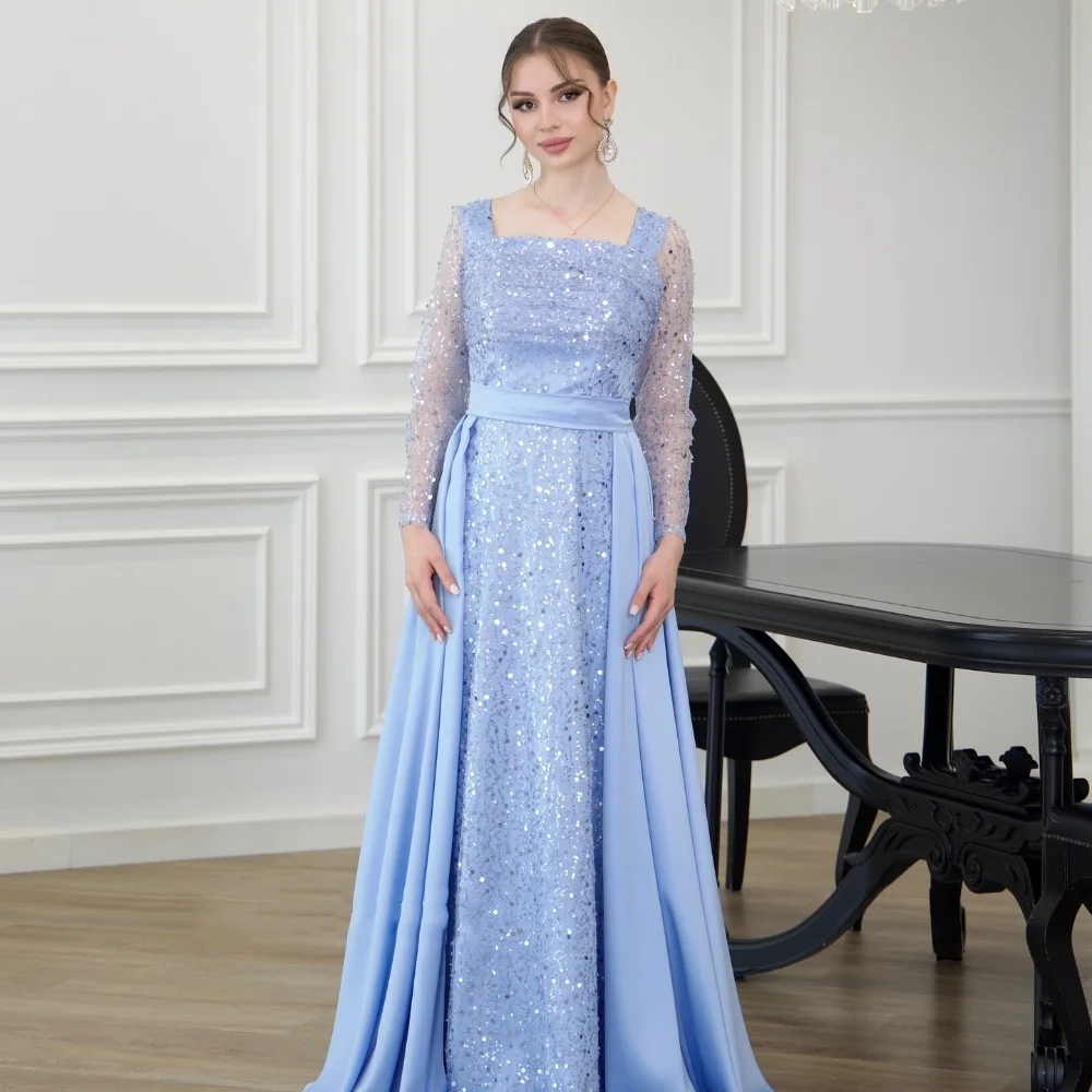 

Customized Sparkle Classic Beading Sequined Sash A-line Square Neck Long Dresses Bespoke Occasion Dresses Sizes Available Formal