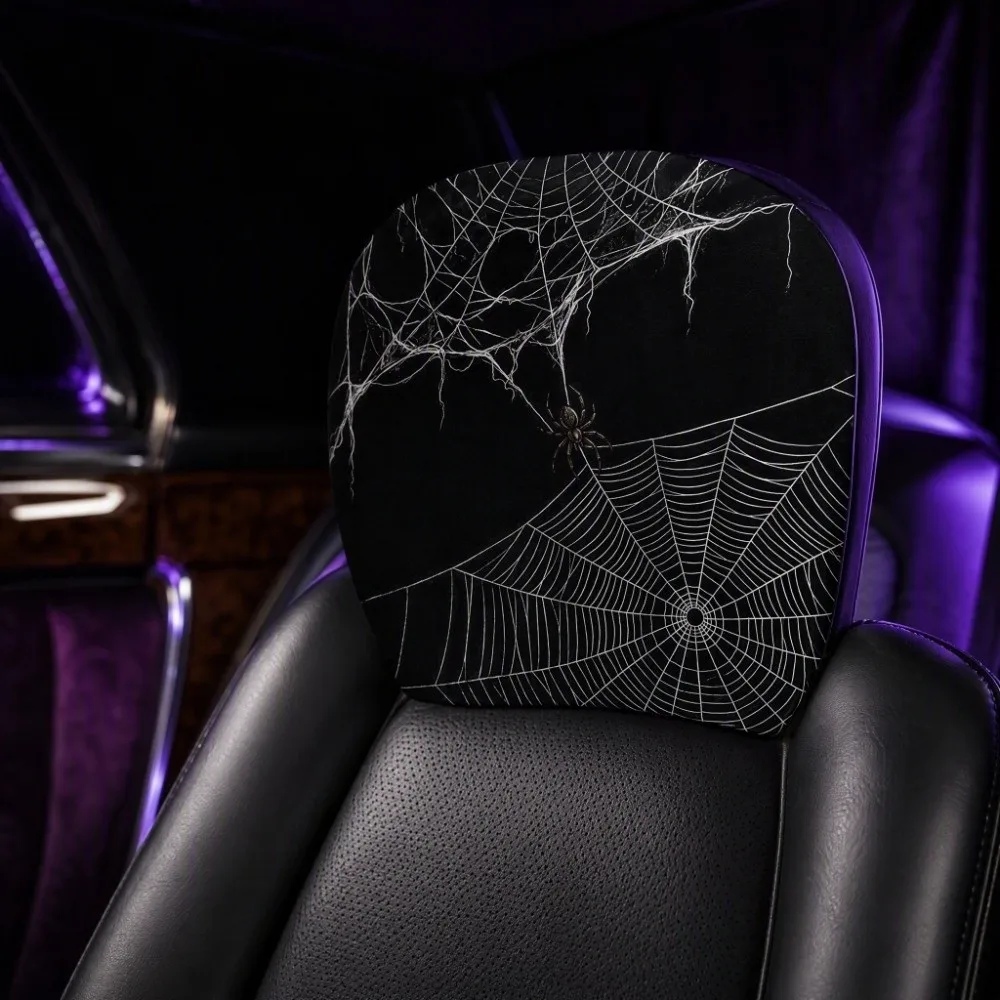 2PCS Spider Web Spider Car Headrest Covers Exaggerated Soft Comfortable Car Pillowcase Stain-Proof Oil-Proof Cool Decorations