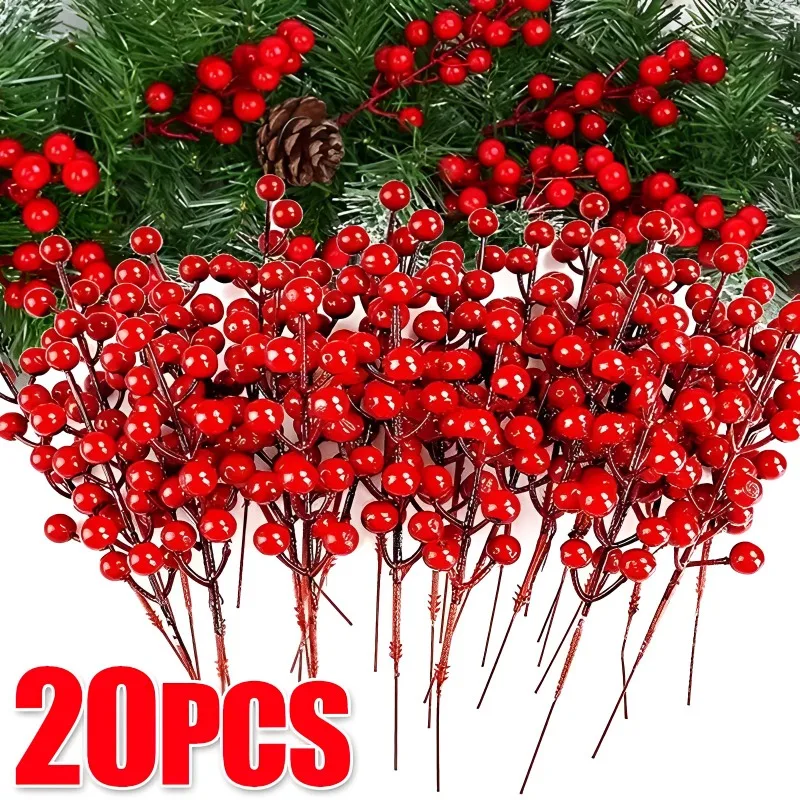 20/1PCS Chritsmas Decor Red Berries Simulation Berry Branches Cherry Stamen For Home Xmas New Year Gift Wedding Flower Wreath