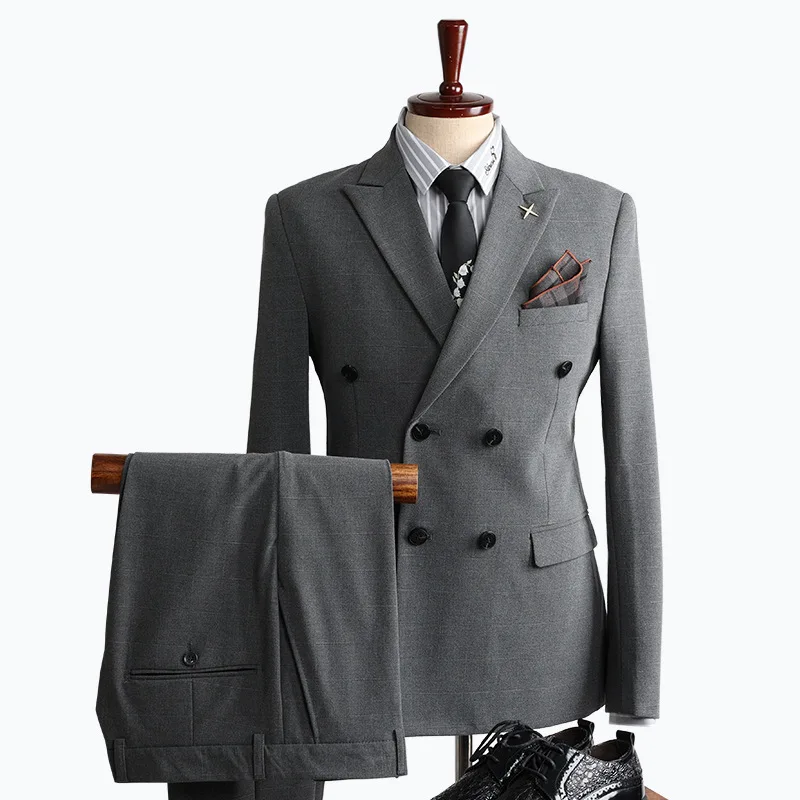 (22) Customized Suit Suit Men's Fashionable Gray Double-breasted Business Casual Professional Wear Wedding Dress