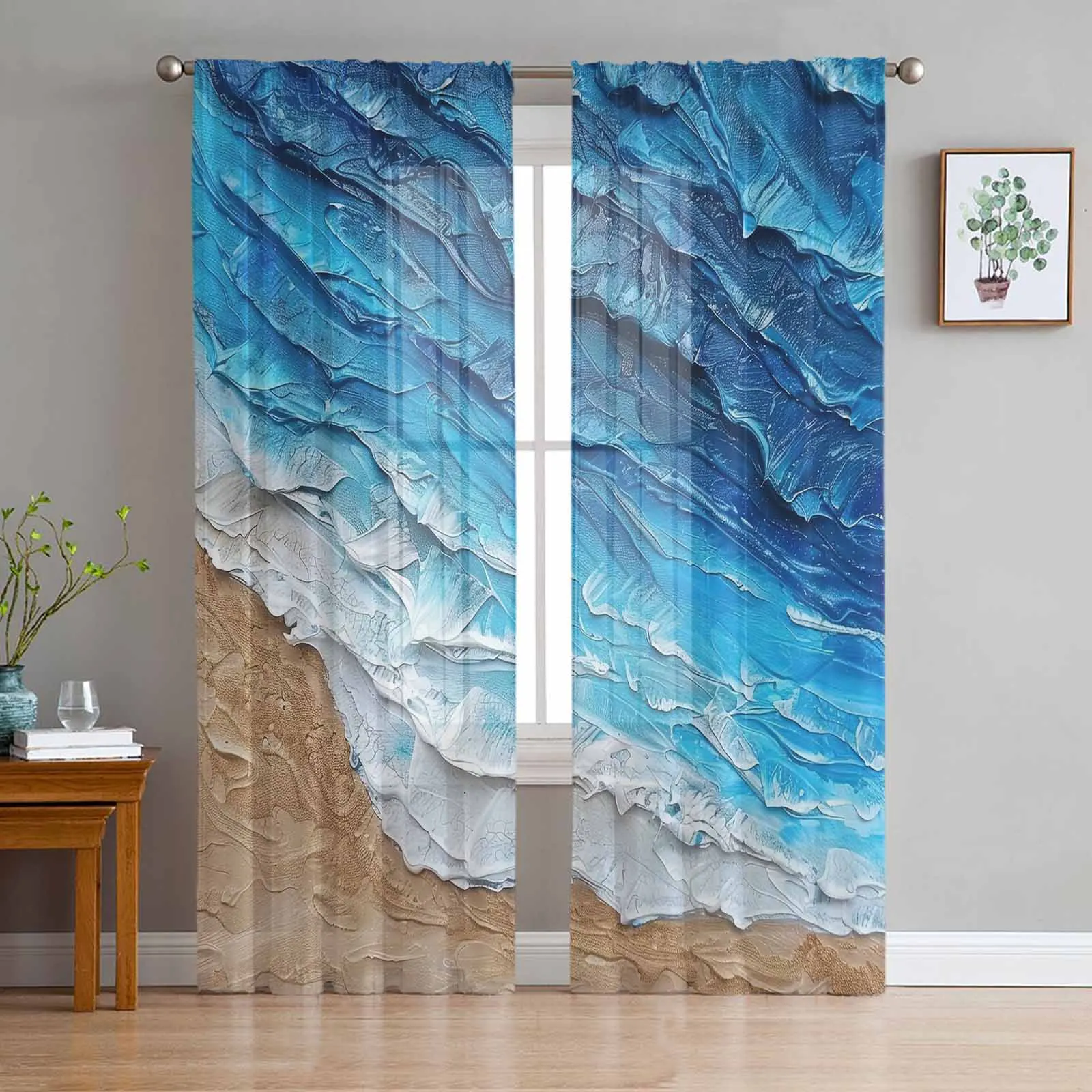 

Ocean Waves Gradient Oil Painting Tulle Curtains for Living Room Sheer Curtain for Bedroom Kitchen Blinds Voile Curtains