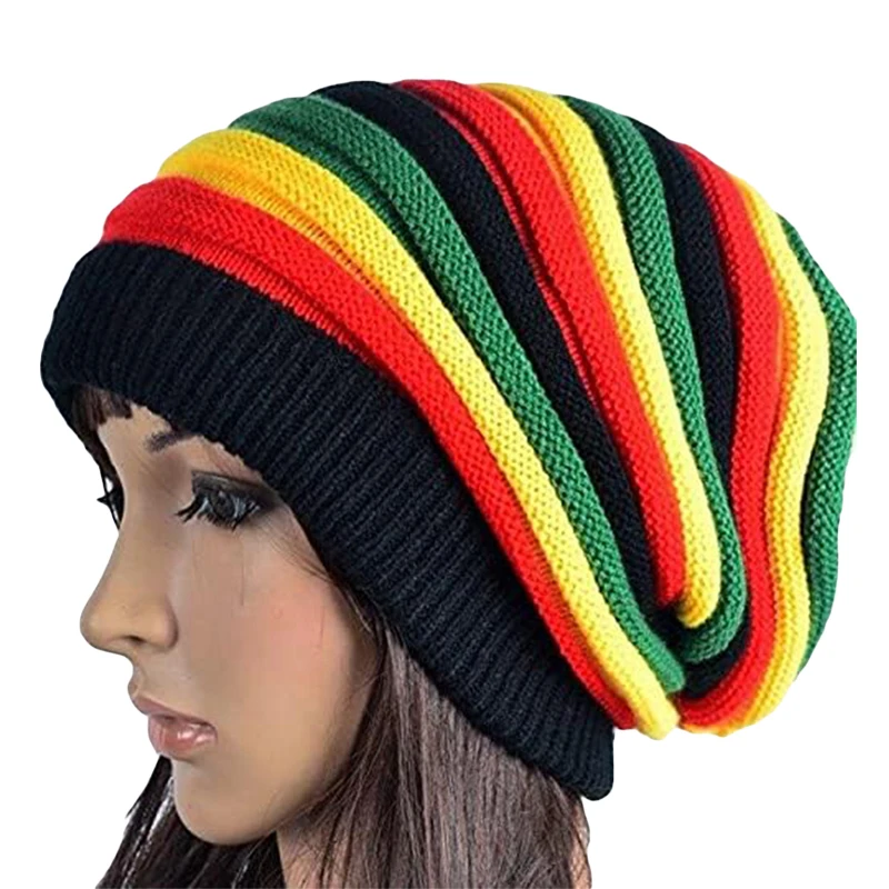 Men Knitted Beanie Cap Rainbow Jamaica Flag Baggy Skull Hat Winter Warm Colorful Stripes Men\'s Hat Rasta Style Gorro