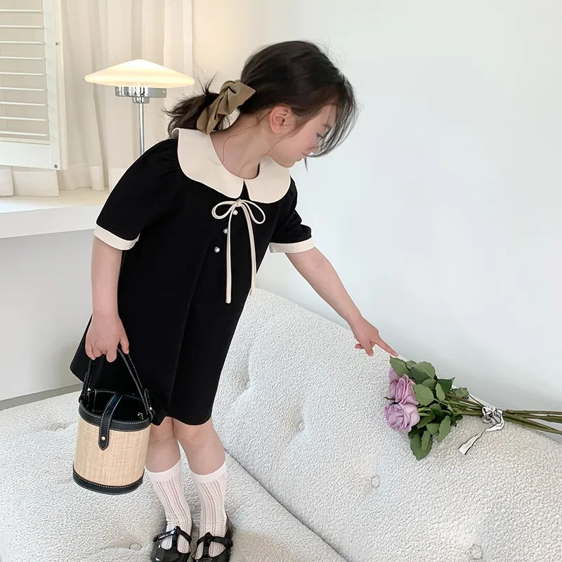 Girls Summer New Dresses Children Temperament Princess Gown Teenager Fashion Bow Vestidos Kids Peter Pan Collar Clothing