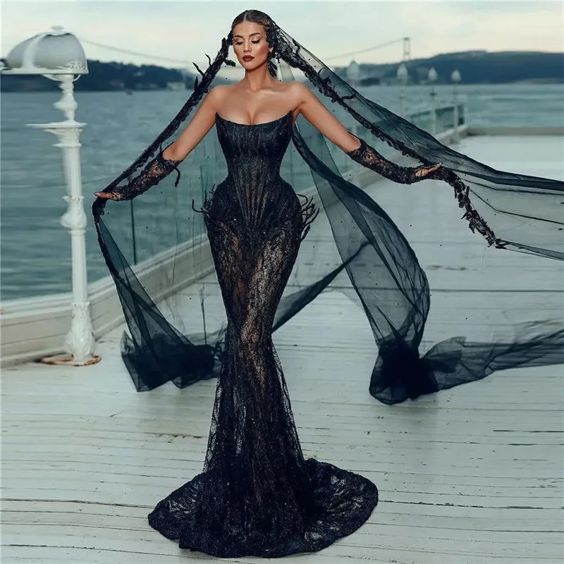 Aleeshuo Sexy Black Tulle Strapless Mermaid Evening Dresse Glitter Sequined Illusion Lace Sleeveless Evening Gowns Robe soirée