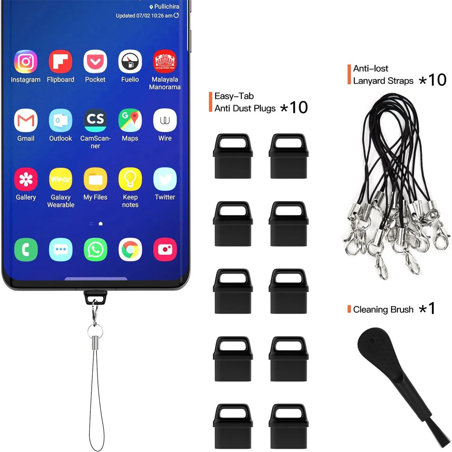 مجموعة قابس غبار الهاتف، غطاء قابس الغبار USB C، الحبل وفرشاة التنظيف، منظف منفذ الشحن