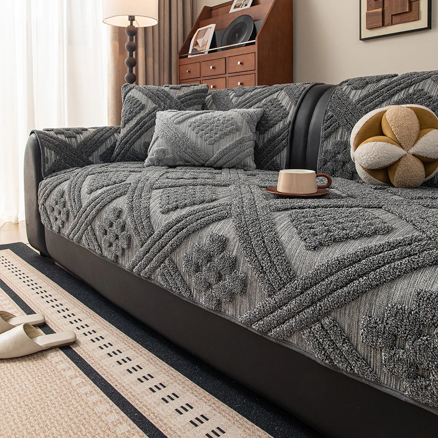 1pc Velvet Sofa Cover Geometric Pattern Straight Sofa Throw Blanket Machine Washable Couch Protector Covers