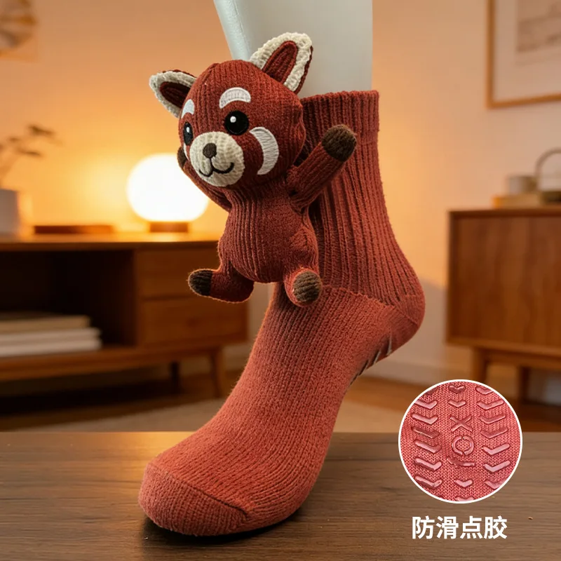 Cute Cartoon Animal Socks Plush Knit Cotton Socks with Dot Glue Women Men Cartoon Tiger Fox Panda Koala Raccoon Short Socks - view 5