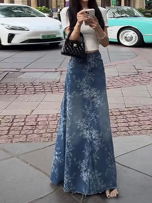 Summer Thin High-waisted A-line Long Skirt Loose and Slimming Raw Edge Large Hem Skirt Trendy