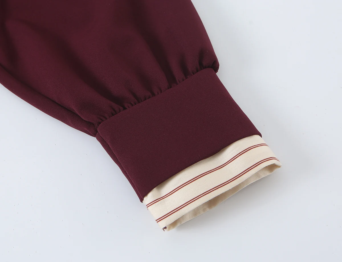 BSAY 2026 Herbst Halber Reißverschluss Stehkragen Patchwork-Kurzkleid Laternenärmel Tasche Kontraststreifen Rüschen Lockerer Kurzrock – Detail 11