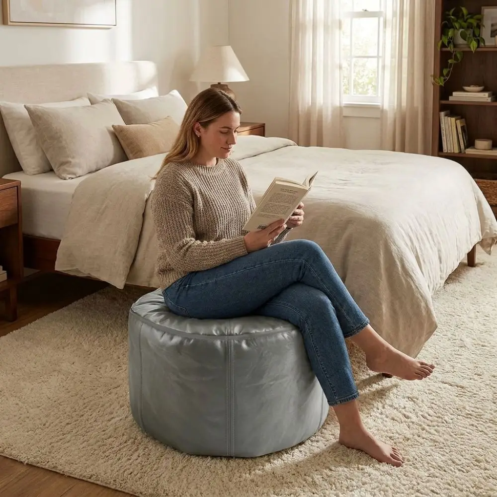 PU Leather Round Lazy Sofa Covers Large Capacity Unstuffed Bean Bag Cover Soft Removable Sofa Footstool Cover Home Use