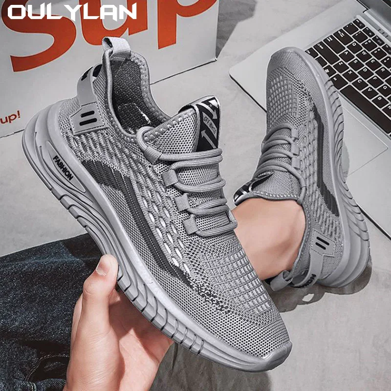 Men Sports Shoes Flat Bottom Lightweight Slip On Soft Elastic  Fly Mesh Breathable Male Sneakers Running Newest