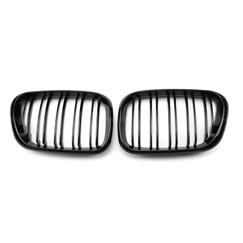 Black New Look Car Grille Grill Front Kidney Glossy 2 Line Double Slat For BMW X5 E53 Pre-LCI 1999 2000 2001 2002 2003