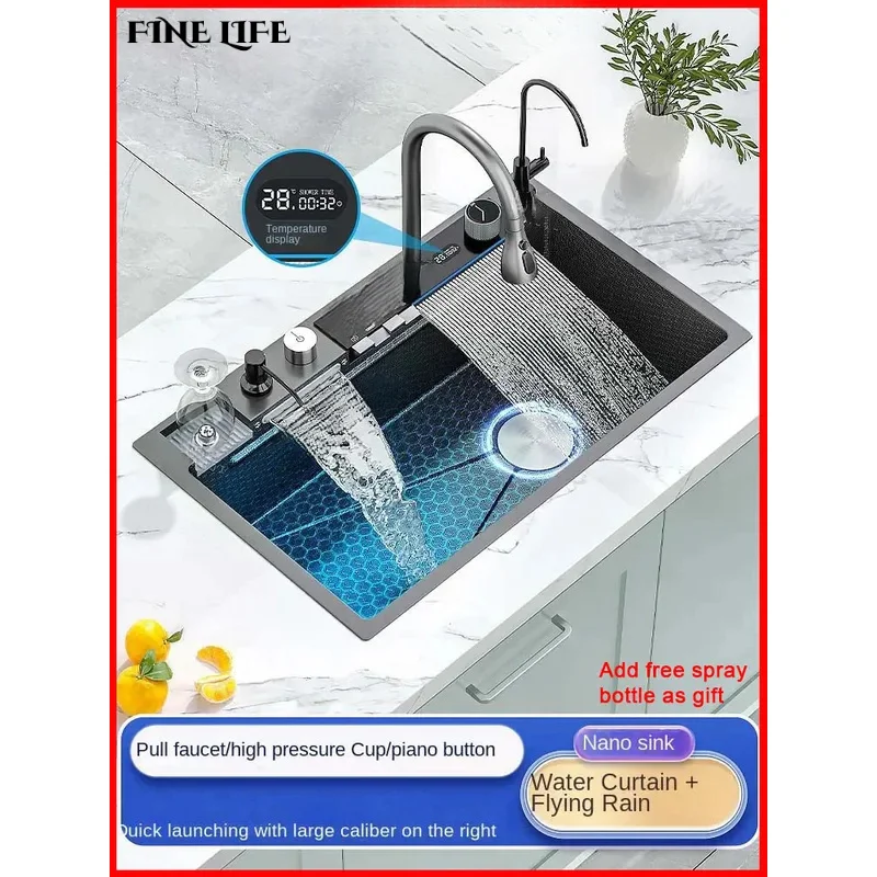 

Digital Display Fly Rain Waterfall Large Single Sink 304 Stainless Steel Multifunctional Household Hand Embossed Washbasin