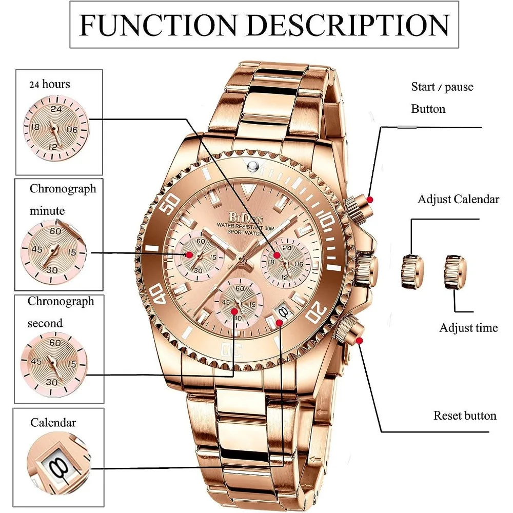 BIDEN Women\'s Watch Chronograph Stainless Steel Waterproof Date Analog Quartz Movement Business Fashion Wrist Watch for Women