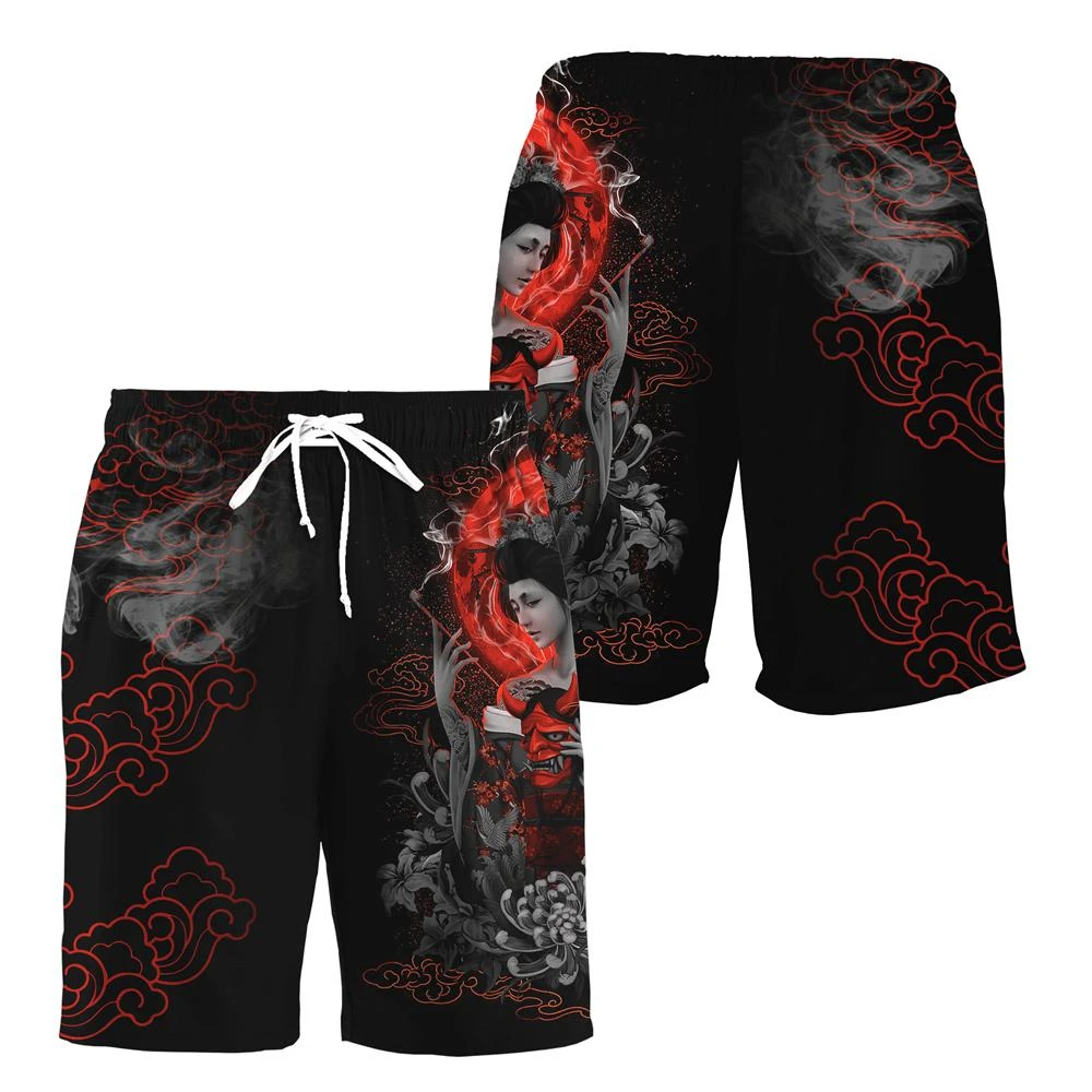 

Japanese Tattoo Vintage Style Print Casual Shorts Samurai Pattern Drawstring Waist Loose Fit Streetwear Retro Bottoms Shorts