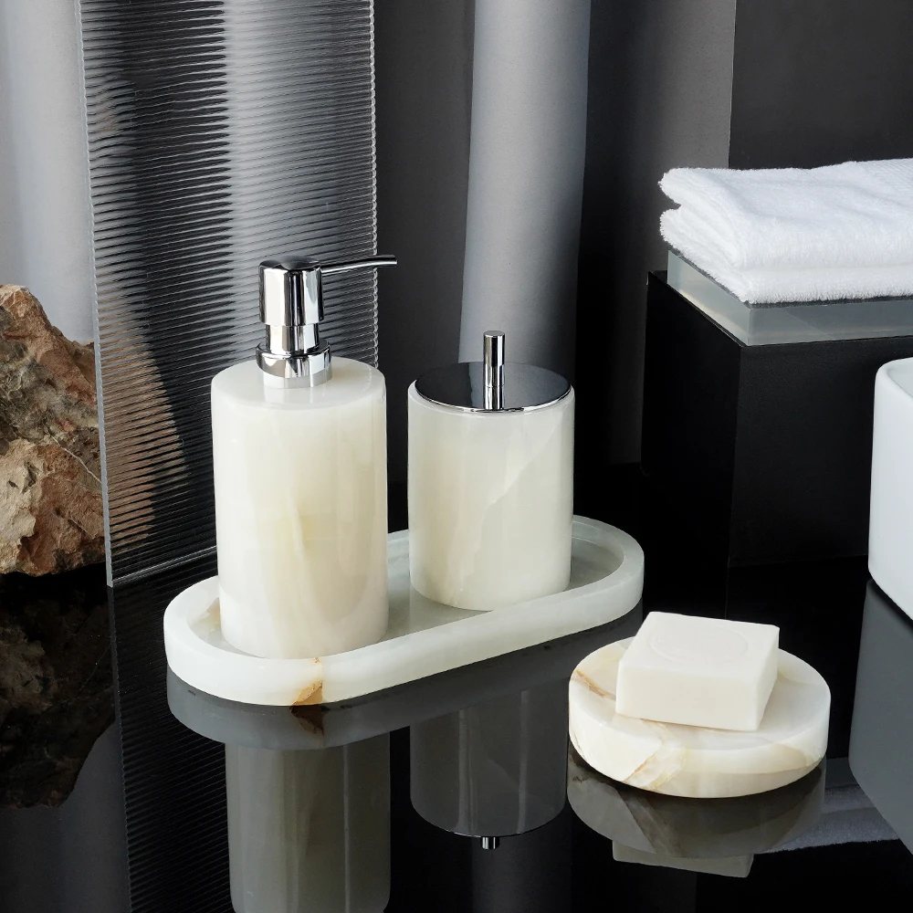 White Onyx Natural Marble Bathroom Set Luxury Soap Dish Soap Dispenser Tissue Box Toothbrush Holder Bathroom Accessories