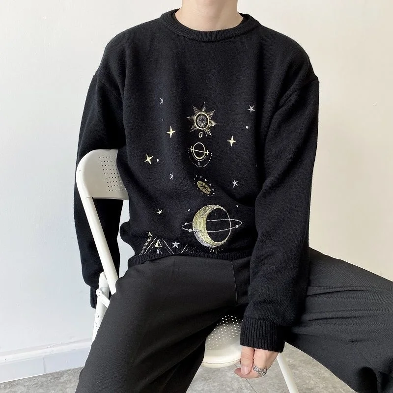 Winter Men Thickening Embroidered Round Neck Sweater Personality Trend Retro Pullover Sweaters Black Kinttwear Tops 2D0235