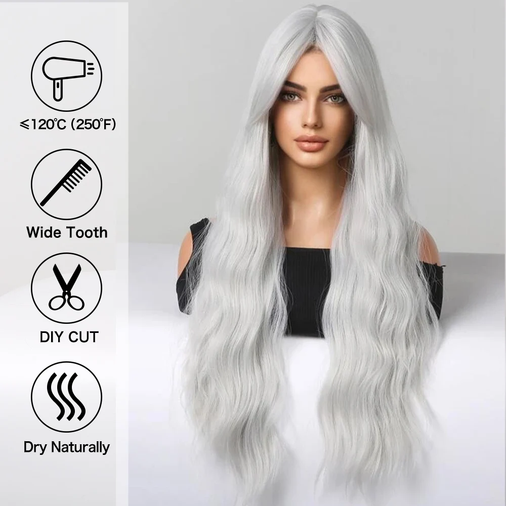 Ash Gray Platinum Long Curly Synthetic Wigs with Bangs for Women Afro Deep Wave Cosplay Lolita Wig Natural Hair Heat Reisitant