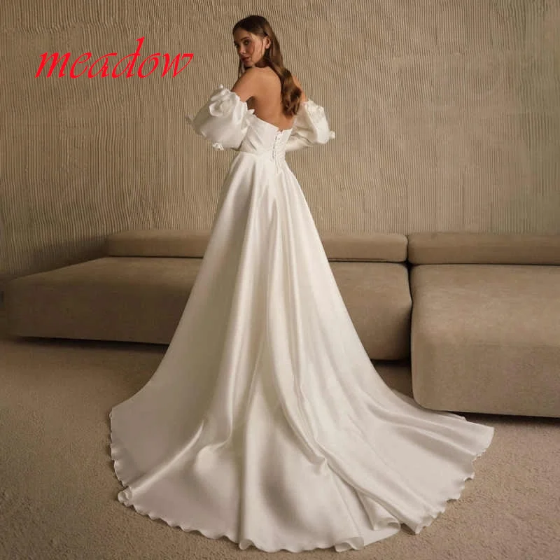 Vestido De Novia De satén De lujo, elegante, blanco, personalizado, manga desmontable, con cordones en la espalda, temperamento para fiesta De Novia