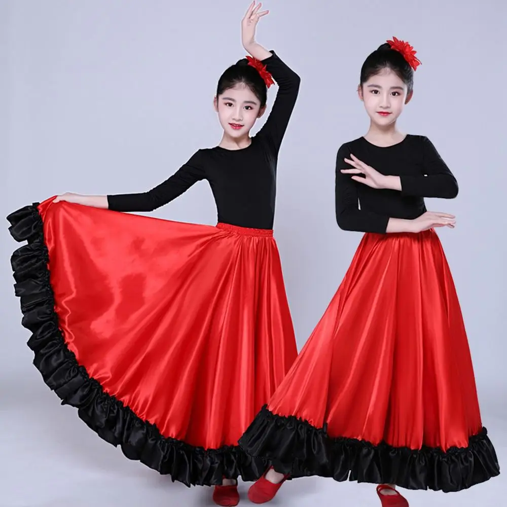

Гладкая детская испанская юбка Paso Doble, большие качели, костюм для латинских танцев, карнавальное платье, юбка для выступлений на сцене