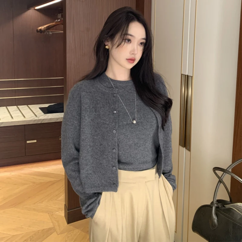 طقم نسائي أنيق للخريف والشتاء، كنزة محبوكة ناعمة ومريحة بأكمام قصيرة، كارديجان فضفاض بأكمام طويلة، طقم من قطعتين، جديد 00%