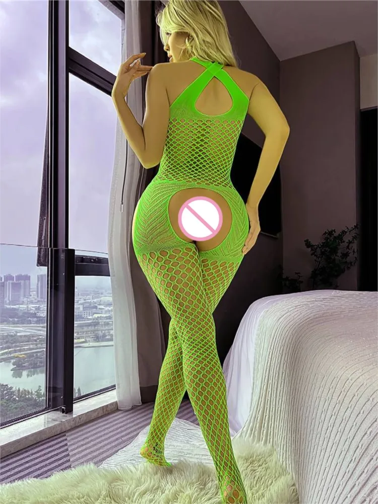 New Green Fishnet Body Stocking Women\'s Sexy Lingerie Night Clothes Sexiest Body Tights Hollow Out Sleeveless Mesh Sex Underwear