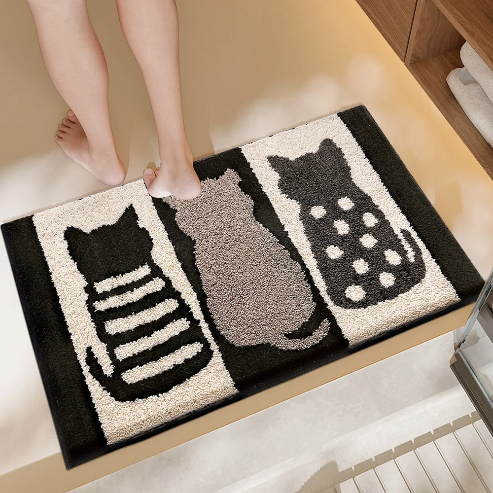 Cartoon Flocked Bath Mat Thick Plush Soft Foot Mat Rapid Water Absorption TPR Strong Anti-slip Bathroom Rug Carpet