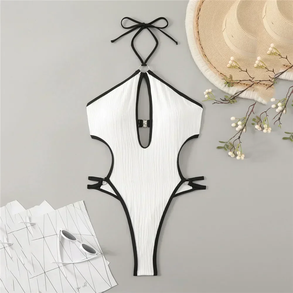 

Sexy White Backless Swimwear Women 2024 One Piece Swimsuit Bathing Suit String Halter Swimming Wear Bather