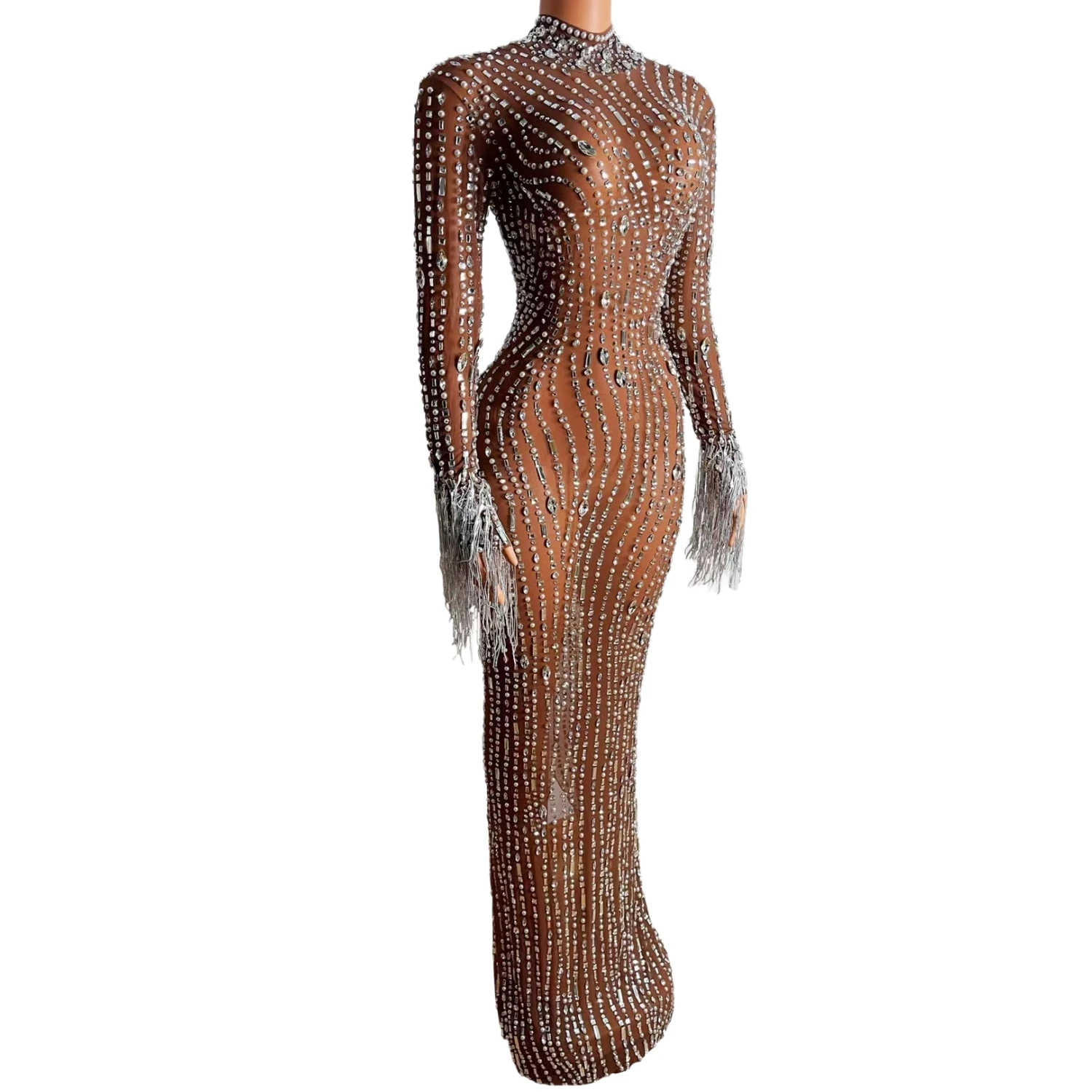 

Beautiful Brown Mesh Crystal Long One Piece Dress Glam Mesh Diamond Fringed Party Dress Night Clubwear Birthday Outfits Qingliu