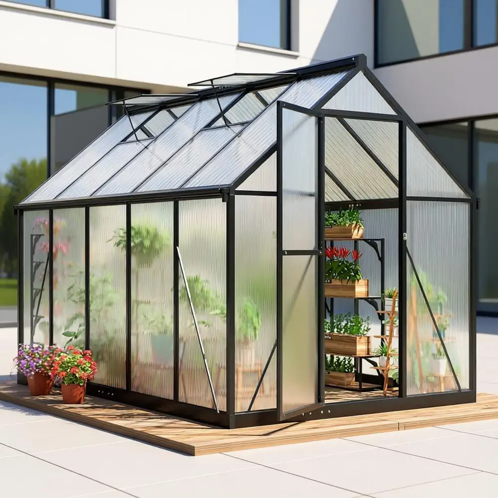 

Quick Assembly 6x9 ft Polyethylene Greenhouse with Roof Vent, Ideal for Large Garden or Outdoor Space in Black