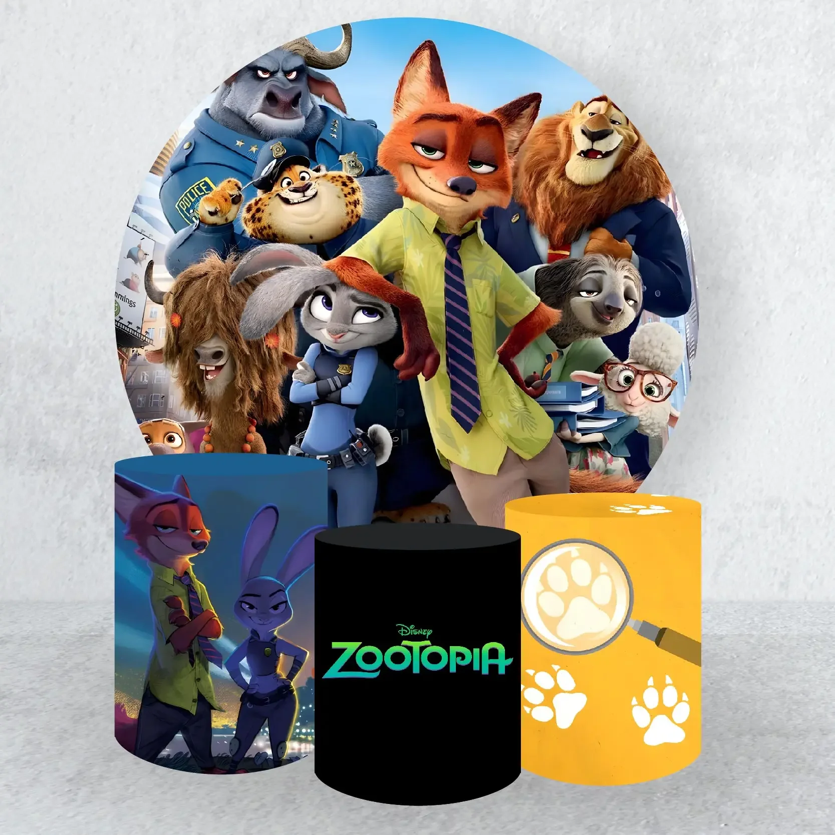 

Disney Zootopia Round Wall Backdrops Cover,Judy and Nick Theme with Cylinder Covers,kids Birthday Party Background Supplies