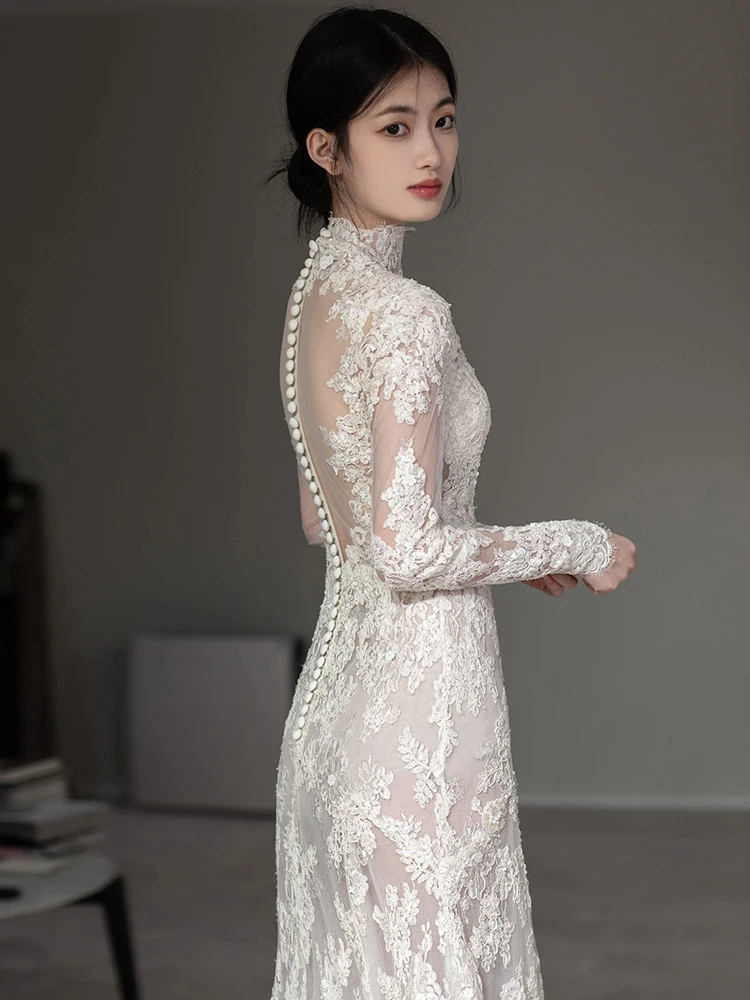 High-End Lace Dress French Style Long Sleeve Light Luxury Heavy Industry Welcome Evening Dress for Women