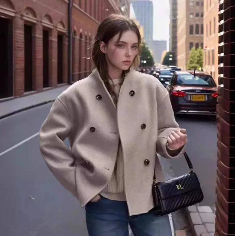 Loisirs mode européenne haut femmes décontracté Style britannique femmes Double boutonnage couleur Pure manteau en laine veste confortable