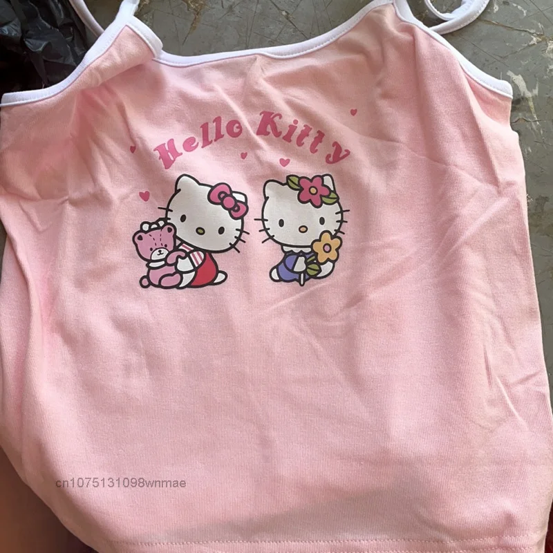 Hello Kitty Sweet Girl\'s Strap Tank Top for Summer Y2k Cute Cartoon Outwear New Slim Underwear Sleeveless Short Top Clothes