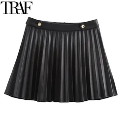 TRAF Faux Leather Women's Skirt Black Mini Skirt Women Stylish High Waist Pleated Woman Skirt Autumn Button Solid Short Skirts