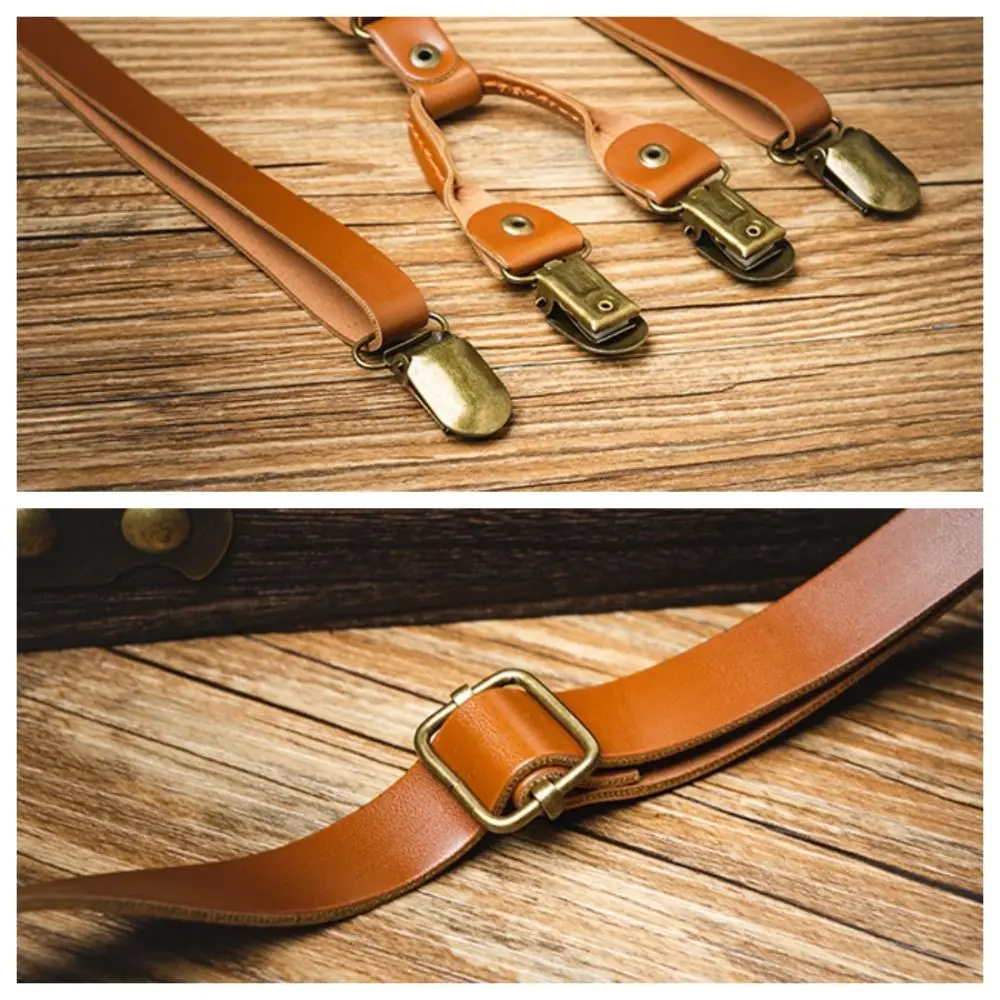 Simple 1.5CM Suspenders for Men Black British Style Leather Suspenders Anti-slip Spaghetti Strap Suspender Clip Gift