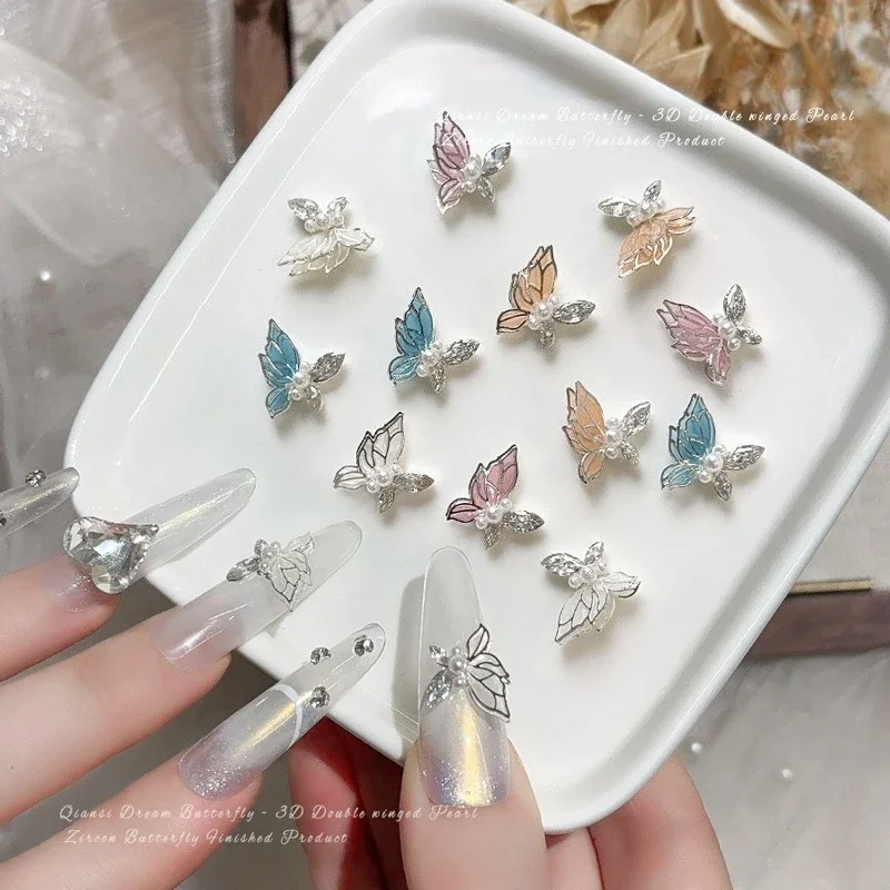 1Pc New Double Layer Butterfly Zircon Nail Charm,shiny thin wing alloy rhinestone ornament for DIY press-on manicure decor