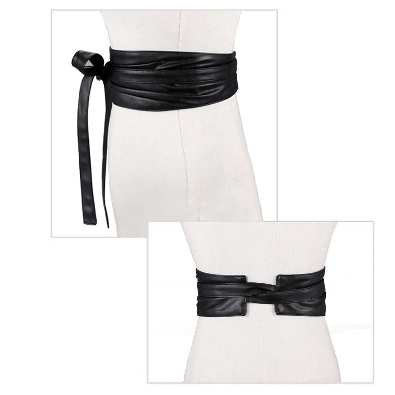سينون المرأة بولي Leather الجلود قابل للتعديل التعادل عقدة غير جلخ بطانة حزام أنيق أسود Cummerbunds للفساتين والملابس