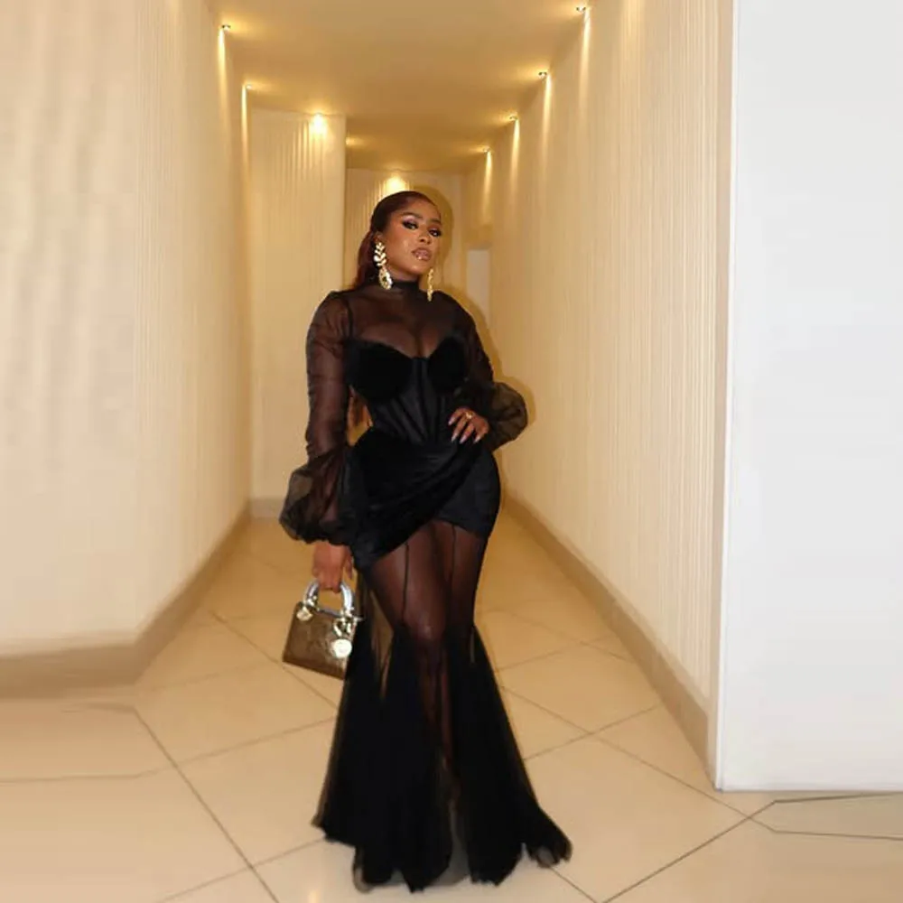 

Sexy See Through Evening Dresses African Women Illusion Girls Birthday Gowns For Puffy Long Sleeves High Neck Mermaid Prom Dress
