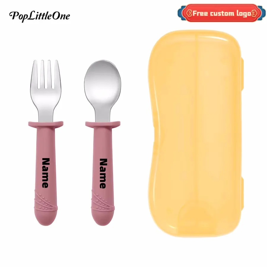 

Personalized Name Baby Silicone Stainless Steel Spoon Fork Portable Baby Utensils Cutlery Feeding Training Children's Tableware