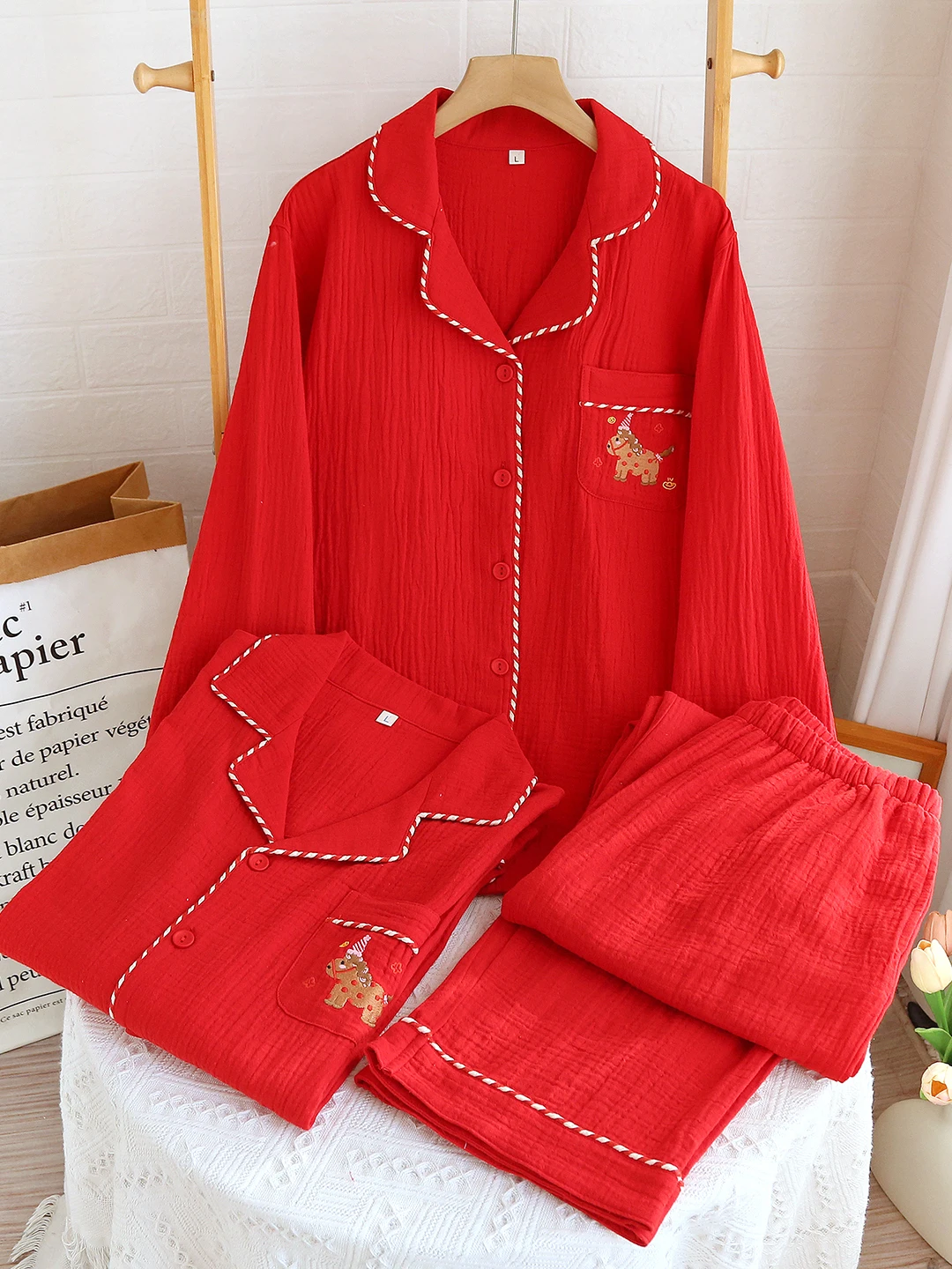 新年赤い綿パジャマセット二重層綿ガーゼ刺繍馬年ホーム服カップルパジャマ快適なソフト