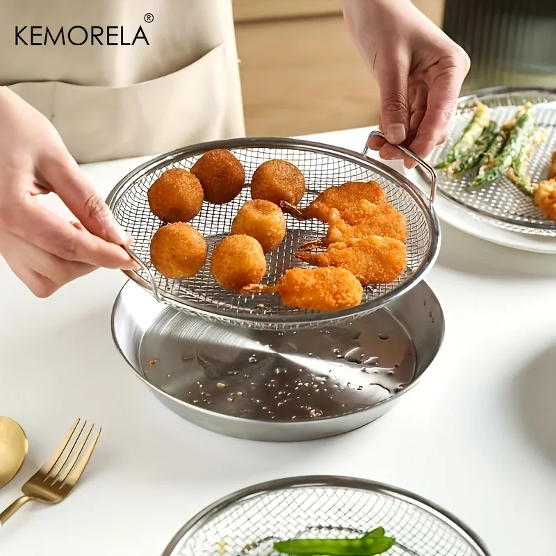 Polished Stainless Steel Oil Filter Tray, Reusable Round Mesh Basket for Frying/Grilling,All-Season Kitchen Strainer with Handle