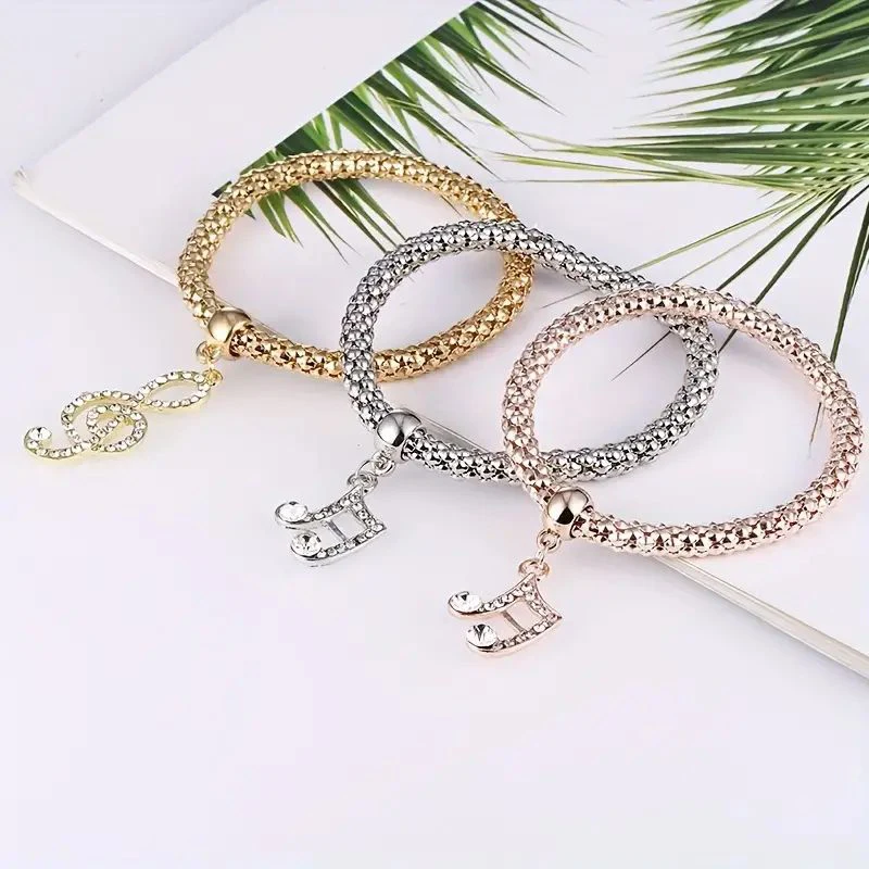 3-teiliges Set Herz-Schloss-Schlüssel, Musikzeichen, Charm-Armband, Eule, Rosévergoldung, silberfarbene Kette, Owm-Charm-Armreif, Schmuckset – Detail 2