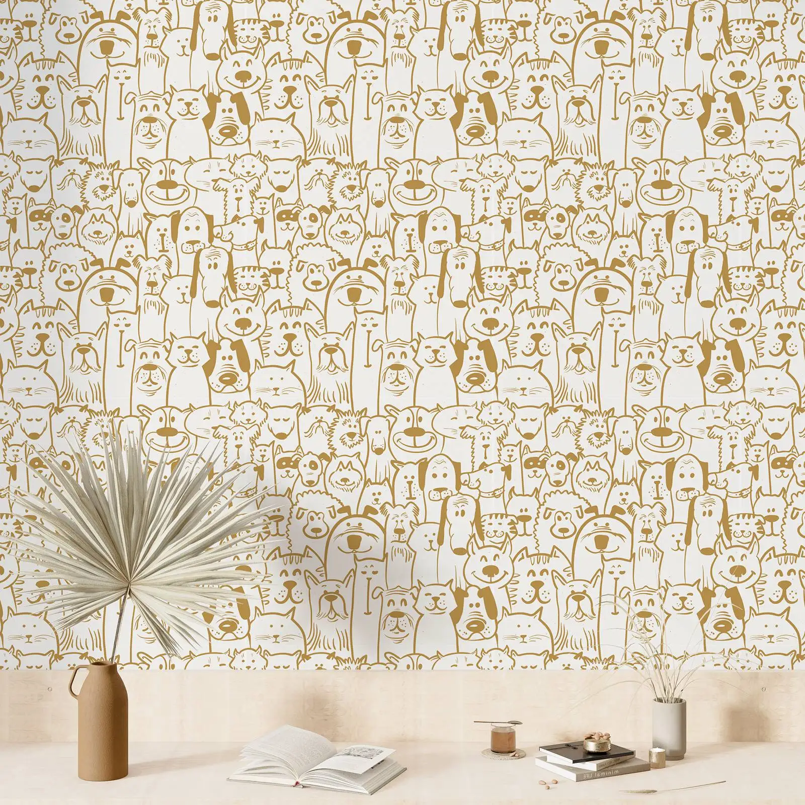 Cats With Dogs Peel and Stick Wallpaper, Yellow and beige Color Wallpaper ,Kids/ Nursery  Wall Mural Paper ,Non-Woven Wall paper