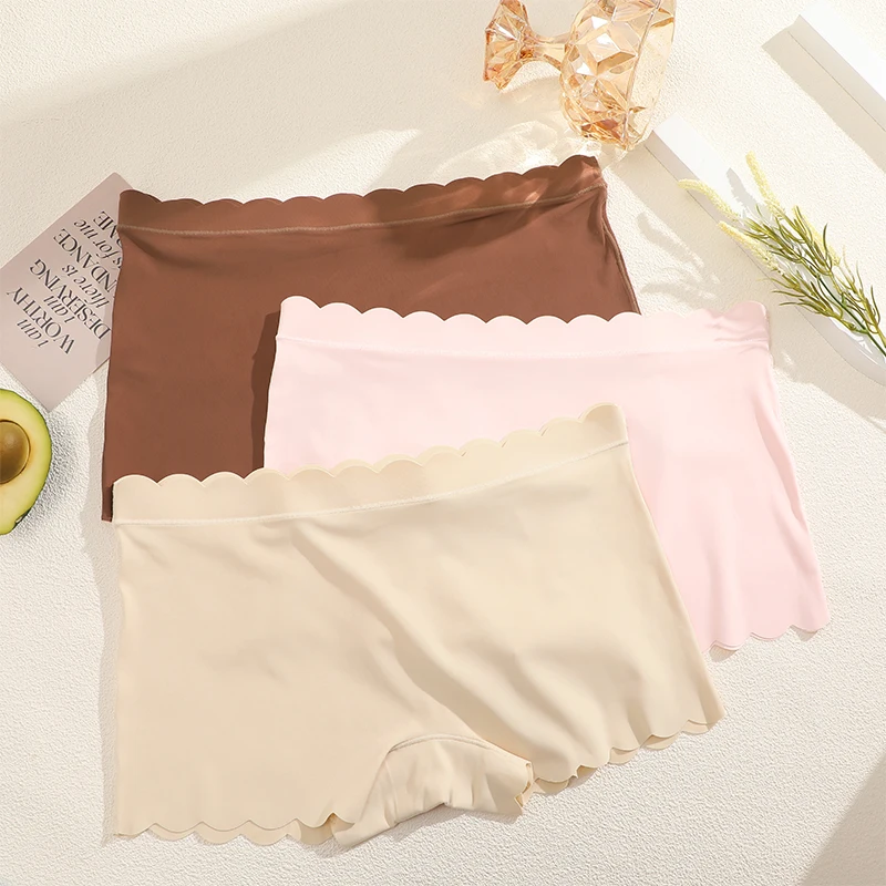 3Pcs/Set Seamless Flat Angle Underwear For Women Ice Silk Thin Mid Waist Solid Color Safety Pants Breathable Four Corner Shorts