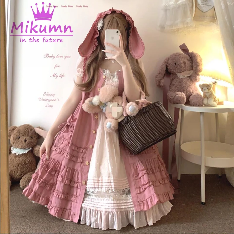 Mikumn Japanese Harajuku Sweet Lolita Mini Dress Women Cute Bow Rabbit Ears Hooded Sleeveless Dress Y2k Girls Kawaii Dresses