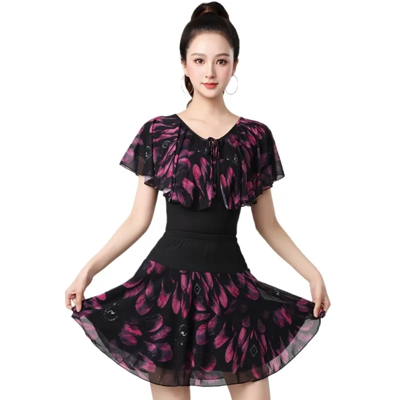 라틴 댄스 의상 메쉬 프린트 반소매 스커트 슈트 우아한 댄스 의상 여성 파티 드레스 국가 표준 연수회