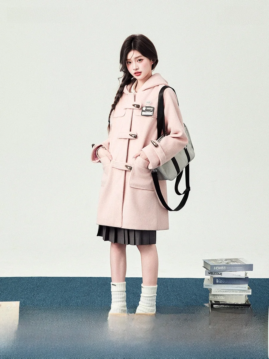 

Длинное пальто Flell большого размера с капюшоном, хлопковое женское розовое осенне-зимнее длинное пальто на пуговицах, школьное платье