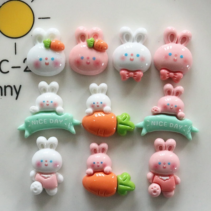 10 Pcs New Cute Resin Mini Mixed Rabbit, Turnip Flat Back Cabochon Scrapbook Kawaii DIY Embellishments Accessories